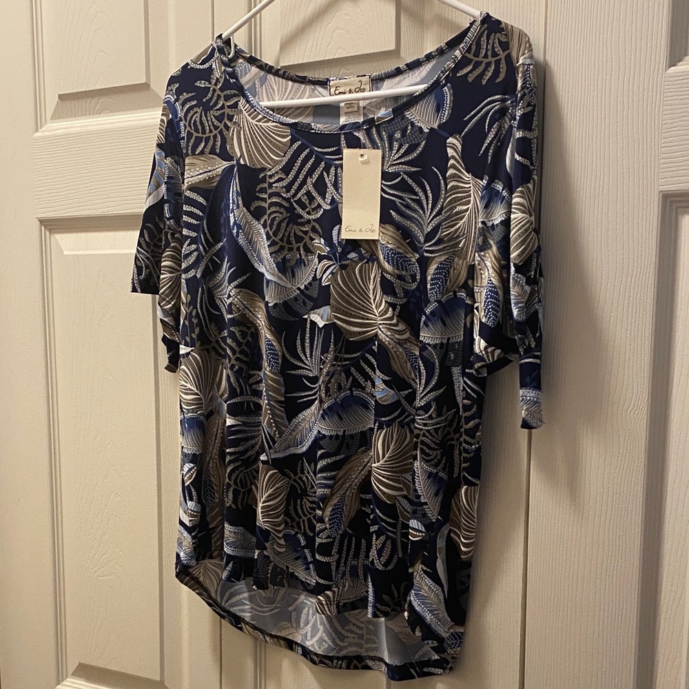 Leaf Print Navy and White Blouse